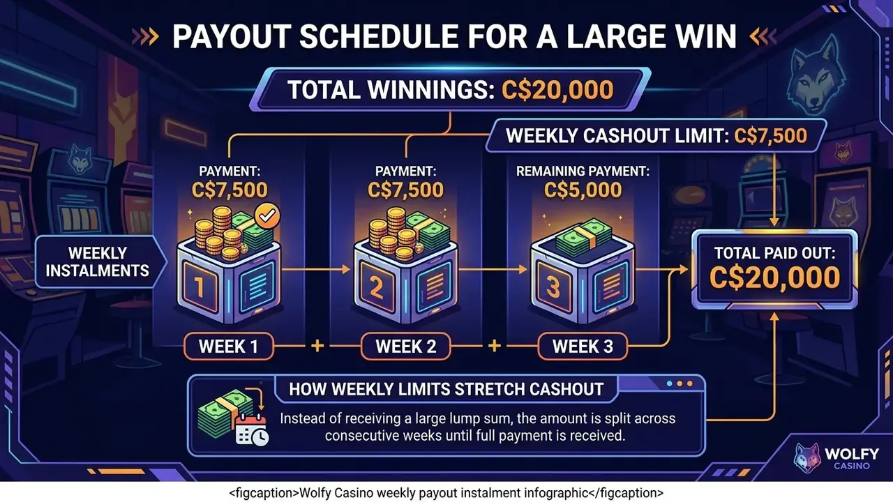 Wolfy Casino weekly payout instalment infographic
